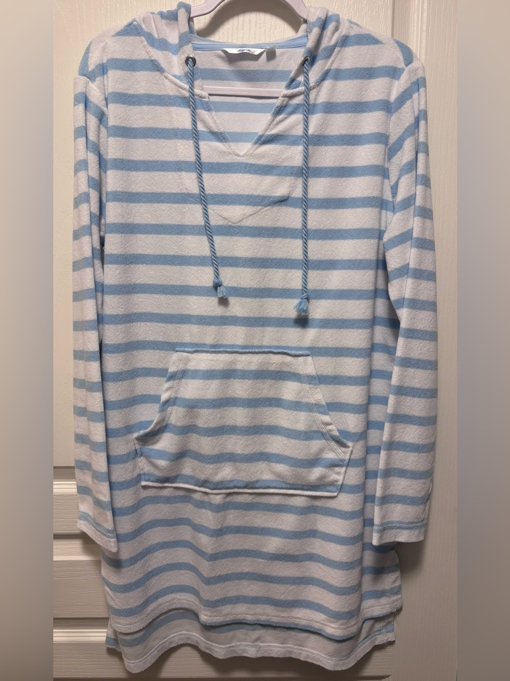 La Vie en Rose Coverup Dress blue white size M hood kangaroo front pocket